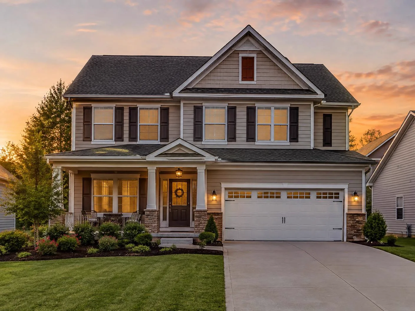 Suburban two-story home exterior with a covered front porch at sunset