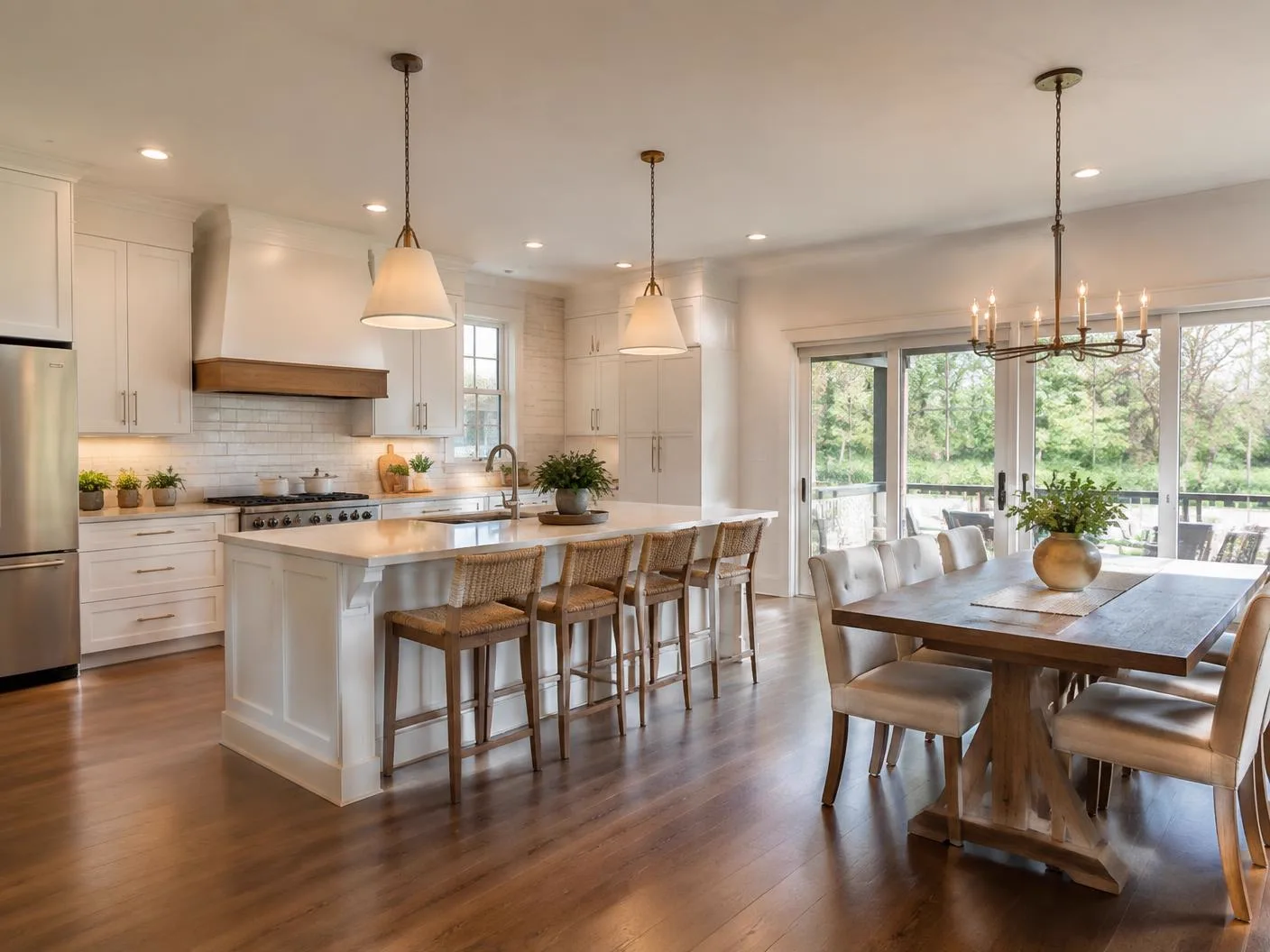 Remodeled kitchen and dining area with island seating and bright daylight