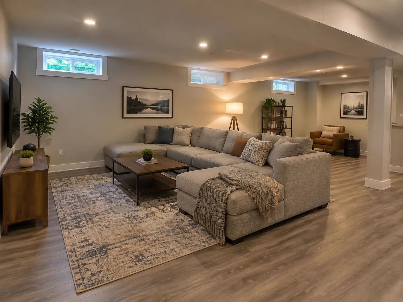 Finished basement living space with high narrow windows and a lower ceiling
