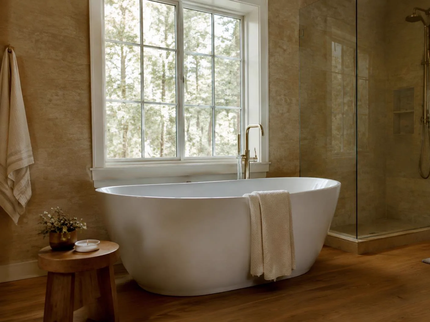 Freestanding soaking tub beside a window in a finished bathroom