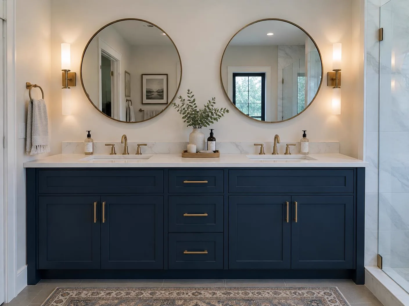 Bathroom double vanity with stone countertop and round mirrors