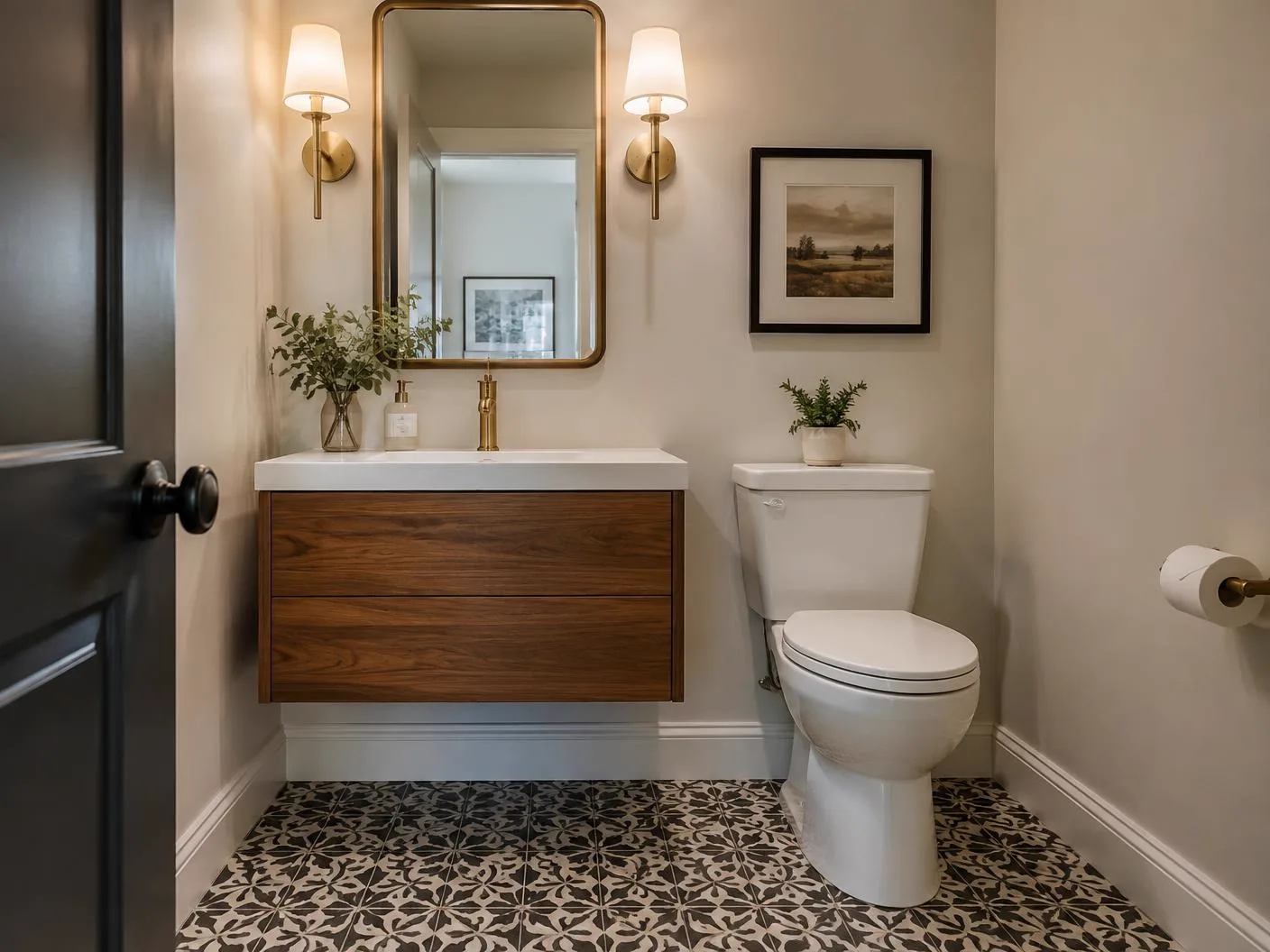 Powder room with patterned floor tile and floating wood vanity