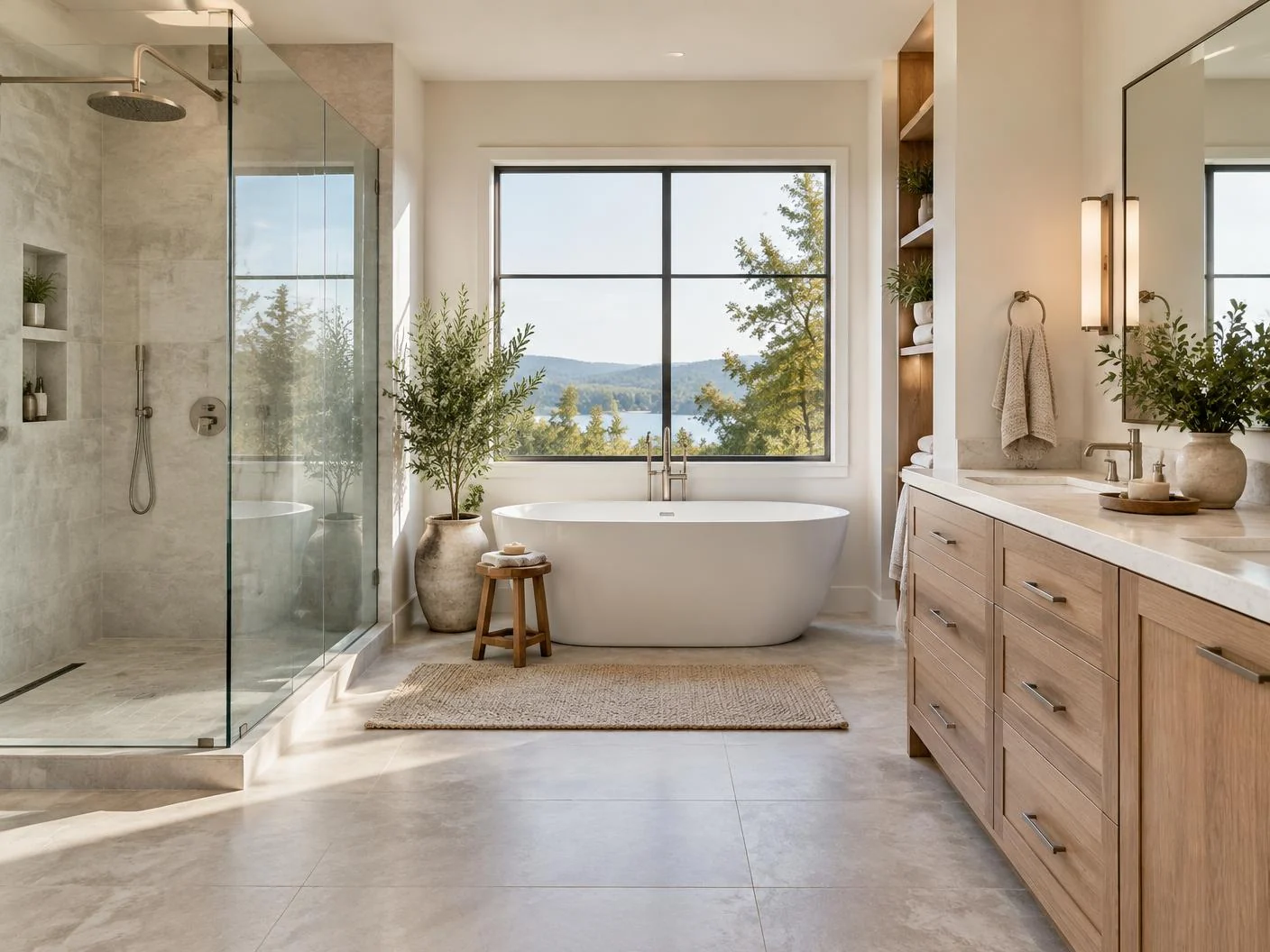 Light-filled bathroom with glass shower and freestanding tub