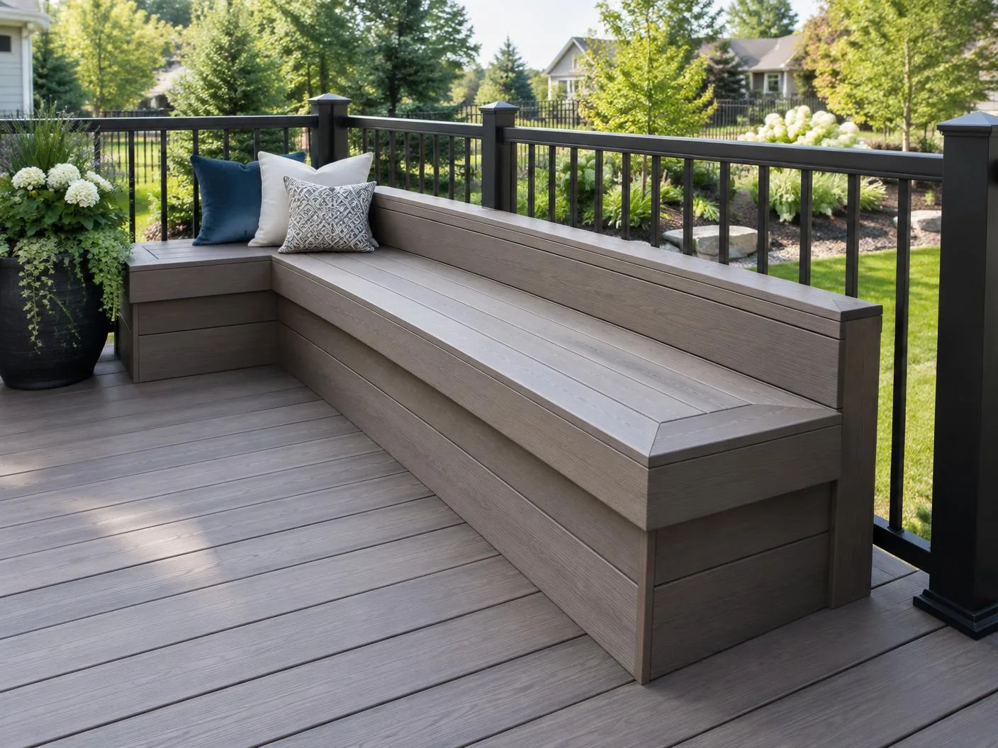 Composite deck built-in bench with black railing and landscaped backyard