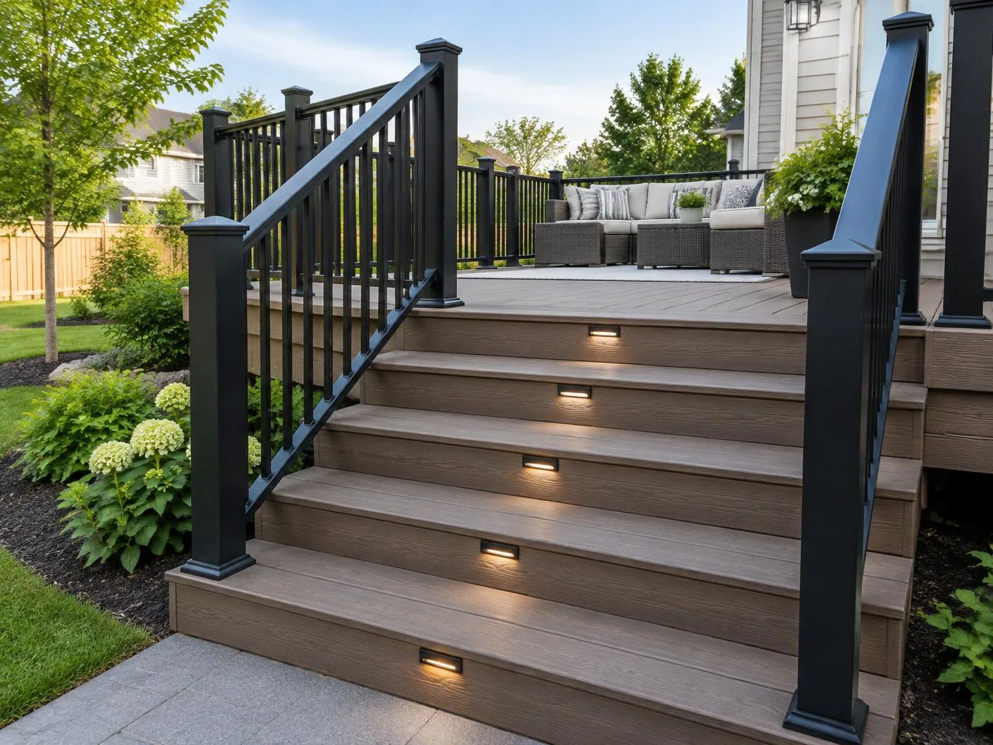 Composite deck stairs with black railings and integrated step lighting