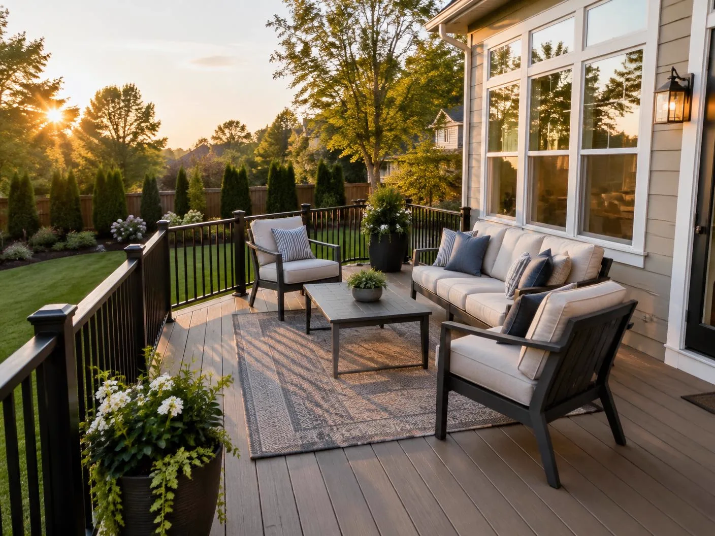 Residential deck with composite decking boards and black railings