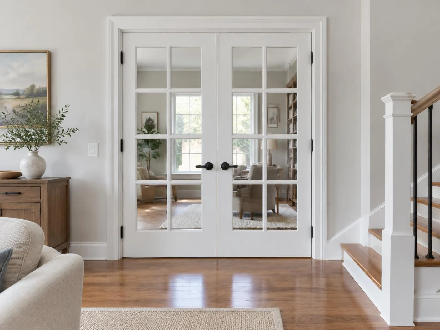 White French interior doors with glass panes, clean casing, and hardwood floor