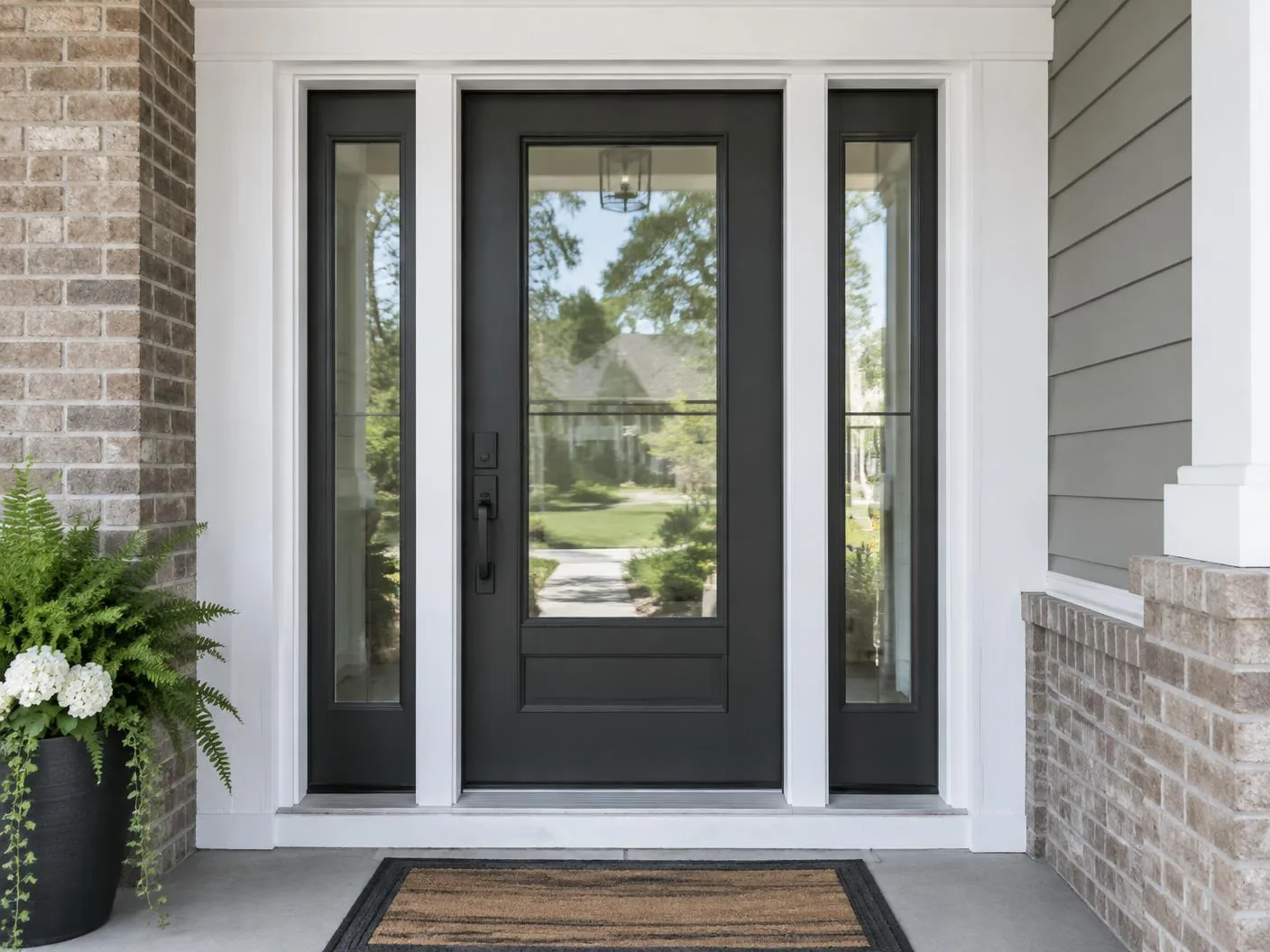 Modern glass front entry door with sidelights, white trim, brick, and siding surround