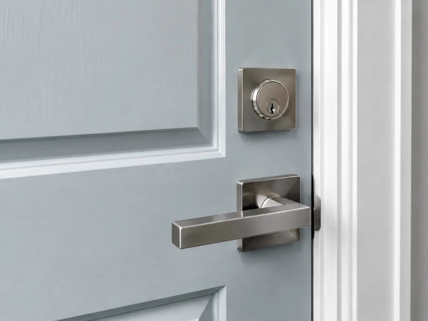 Brushed metal residential door lever and lockset detail