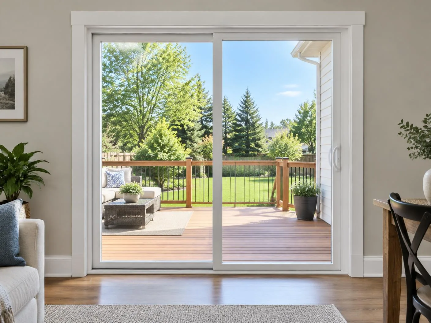 Sliding glass patio door with white frame, neat trim, and view to a deck