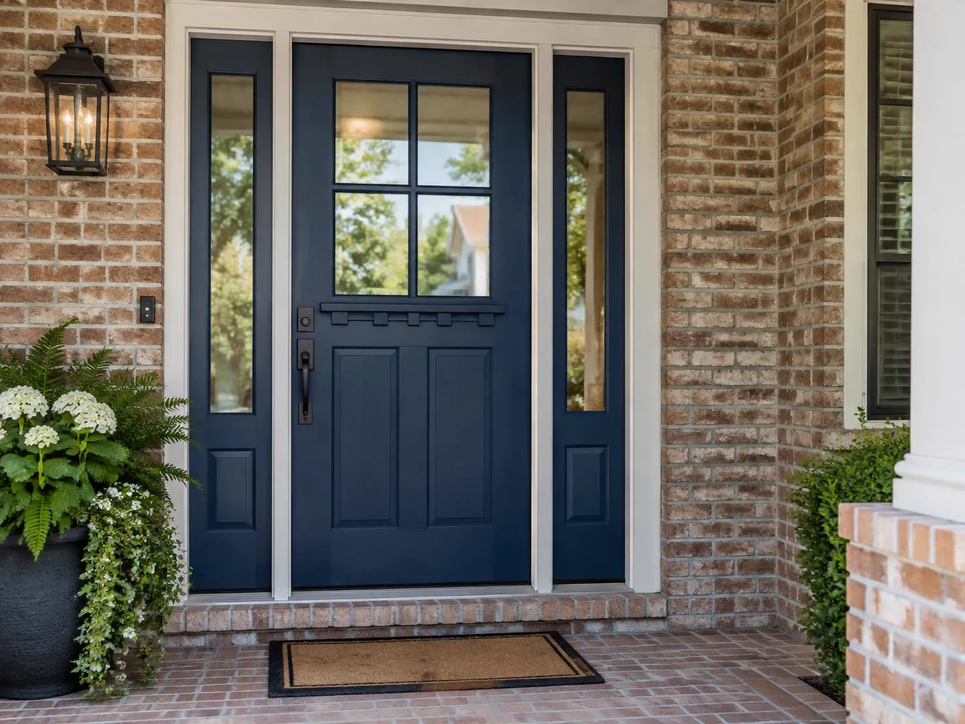 Residential entry door with glass panel and sidelights on a brick porch
