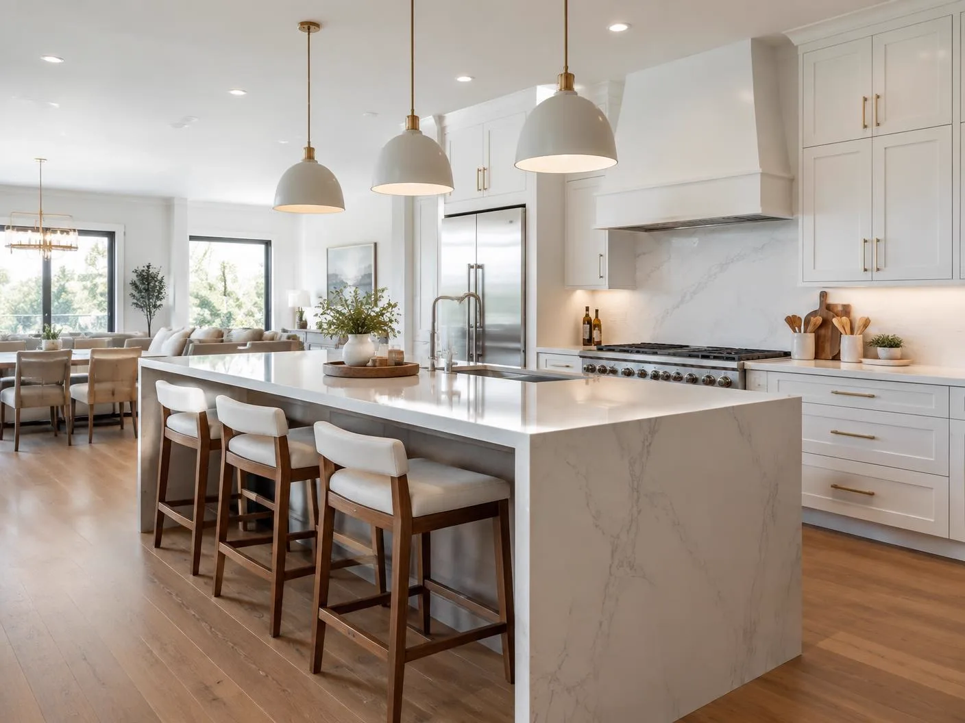 Kitchen island with waterfall quartz countertop and three pendant lights