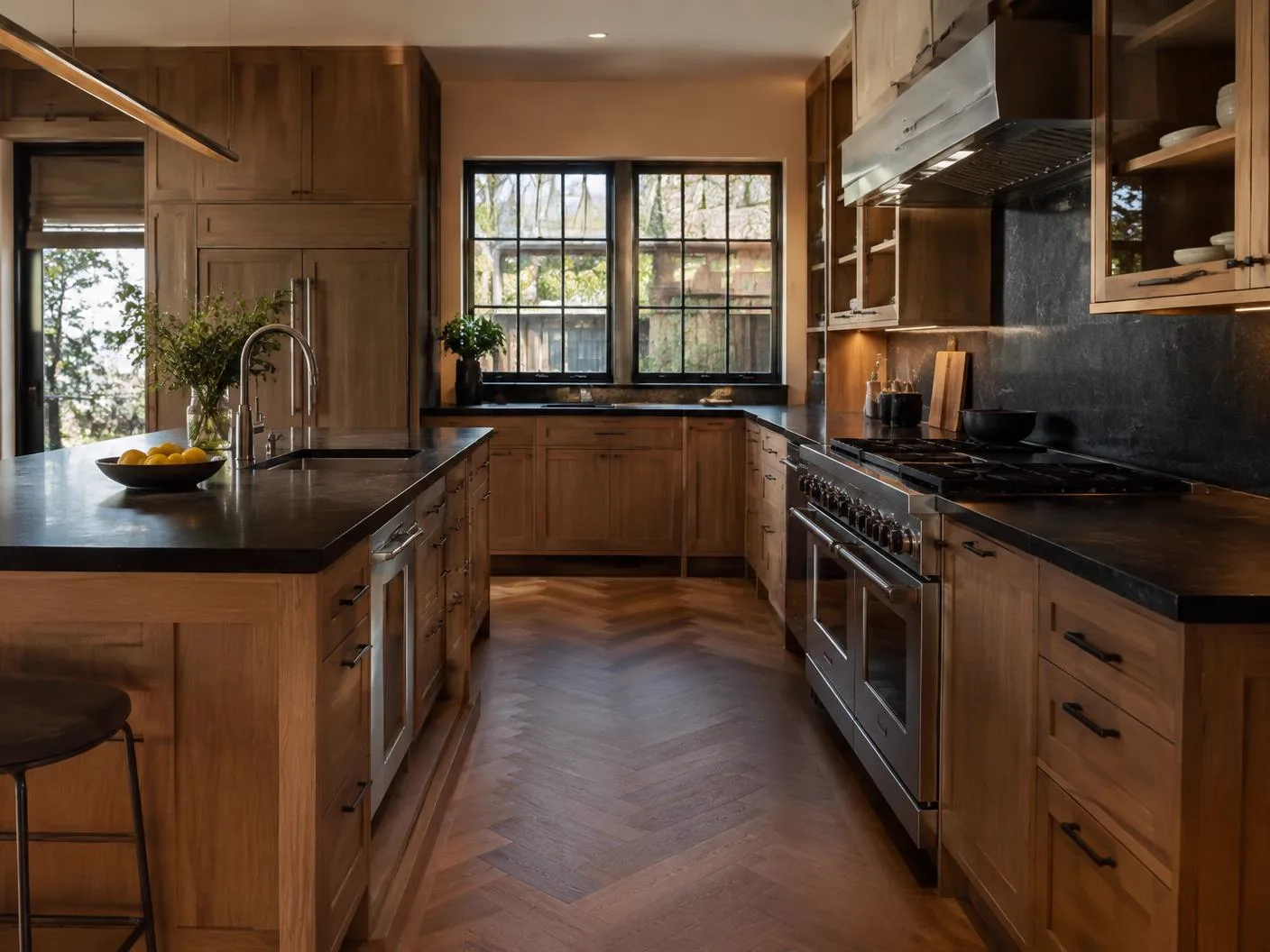Wood-toned kitchen with dark stone countertops and herringbone floor