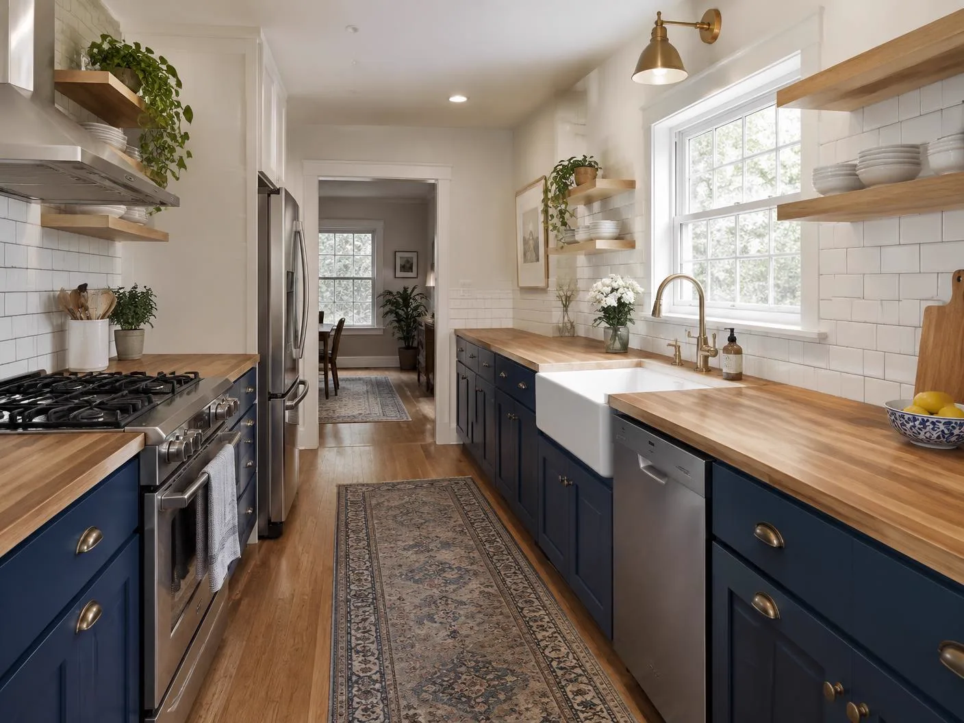 Galley kitchen with navy cabinets, butcher block counters and subway tile