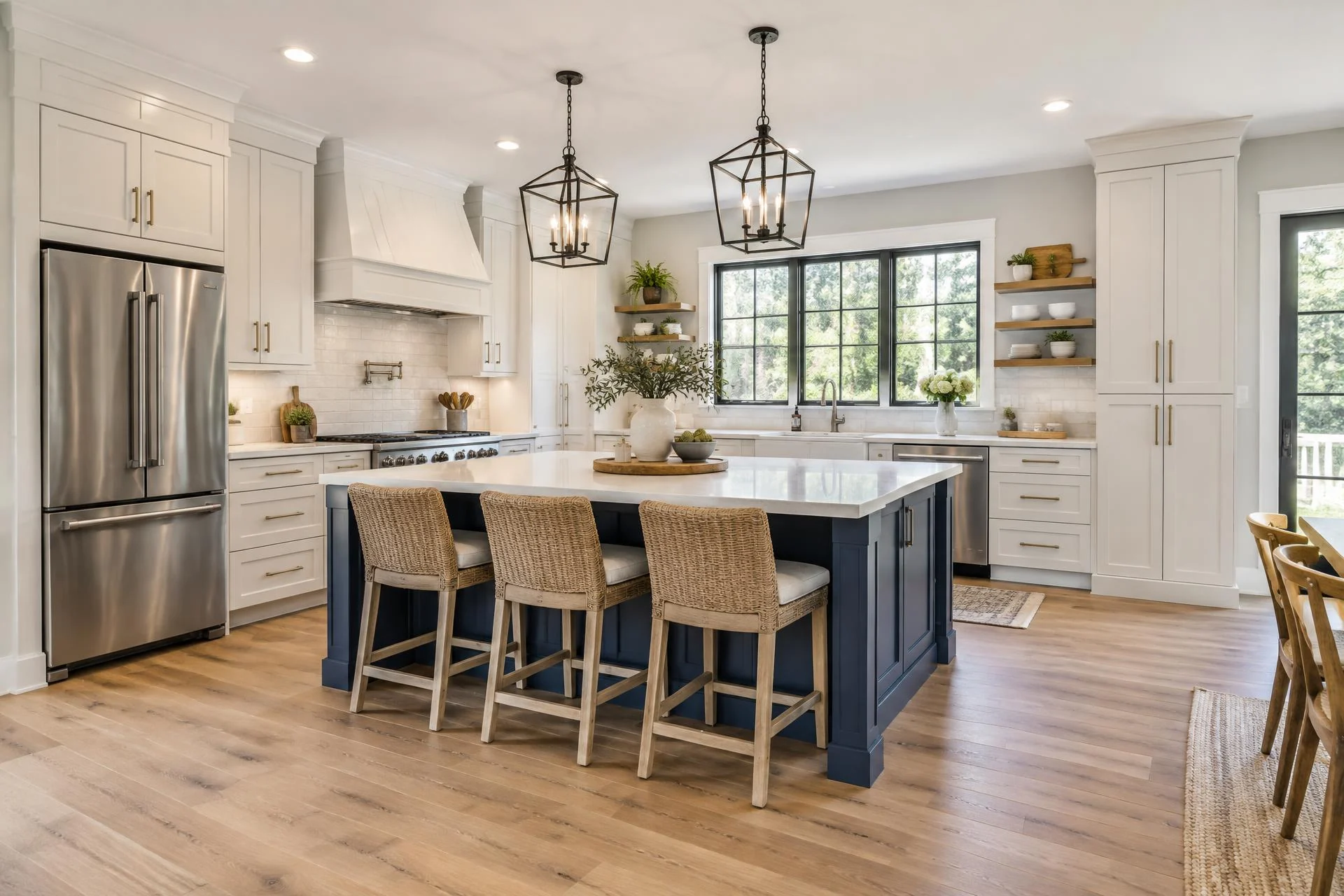Bright remodeled kitchen inspiration with white cabinetry and navy island