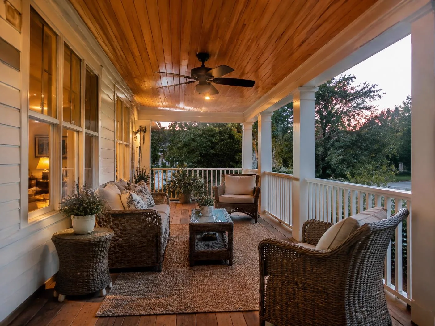 Two-level backyard deck with stairs and white railings