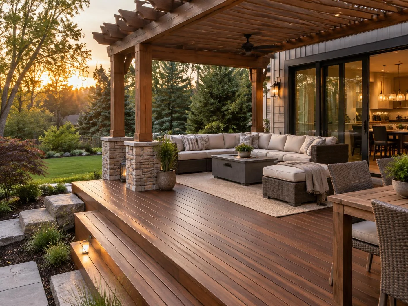 Wood deck and pergola overlooking a landscaped yard
