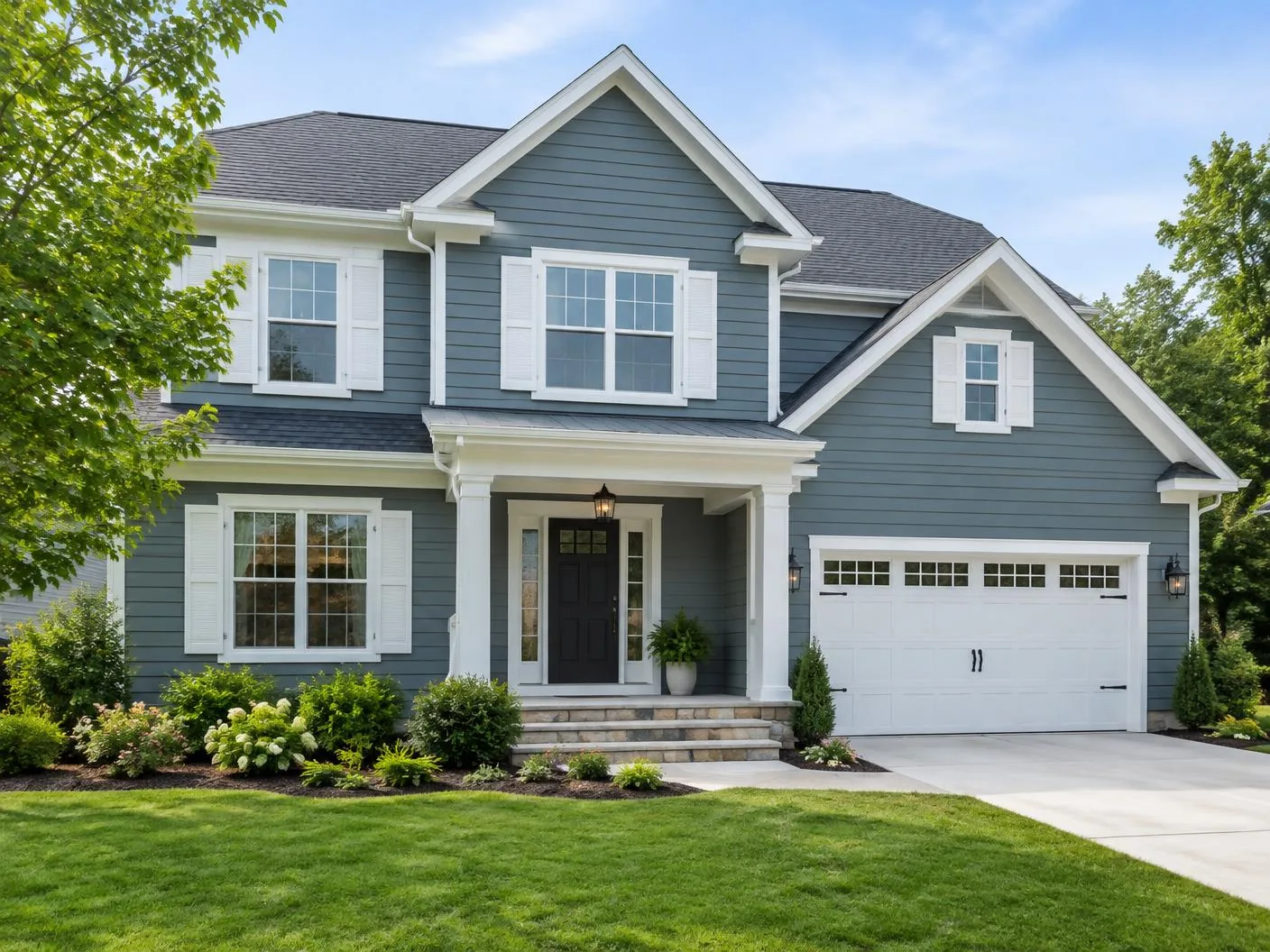 Freshly painted home exterior siding with crisp white trim and shutters