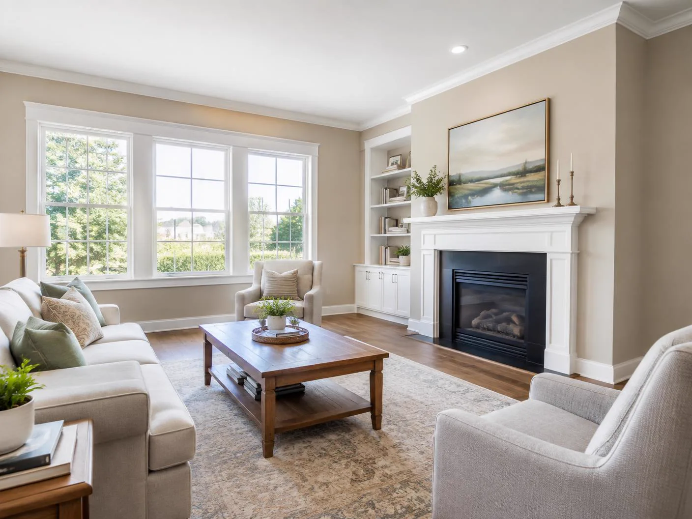 Freshly painted residential living room with white trim