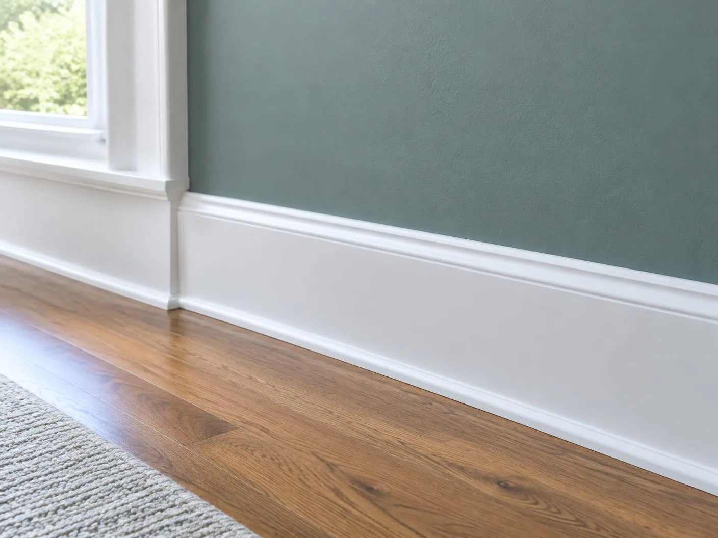 Freshly painted white baseboard trim meeting a smooth colored wall and wood floor