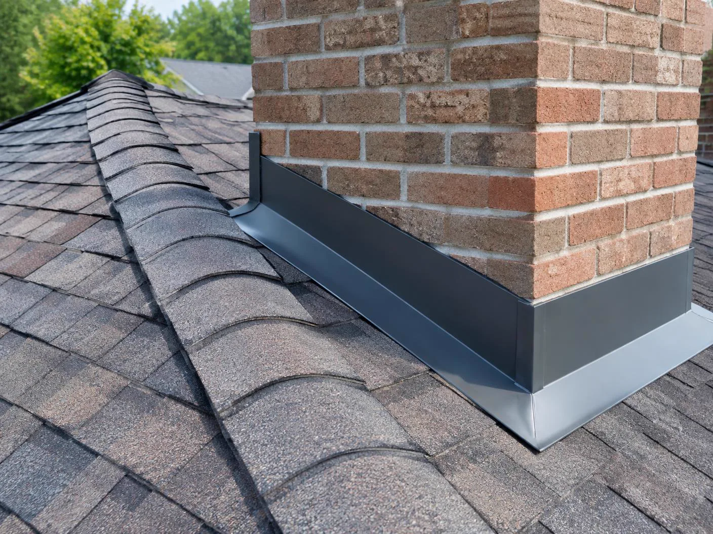 Roof ridge cap and metal flashing around brick chimney