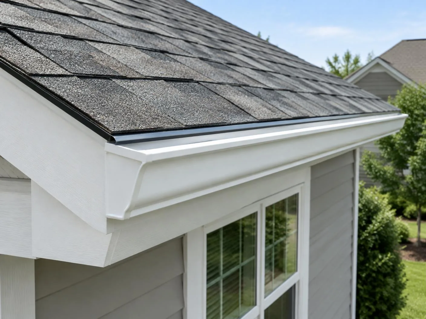 Roof edge with asphalt shingles, drip edge, white gutter and fascia detail