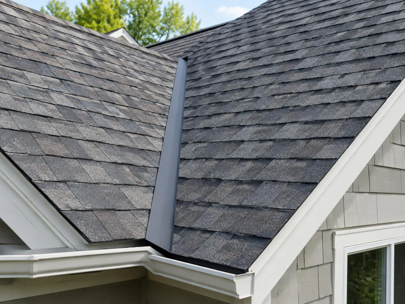 Asphalt shingle roof valley with clean lines and flashing detail