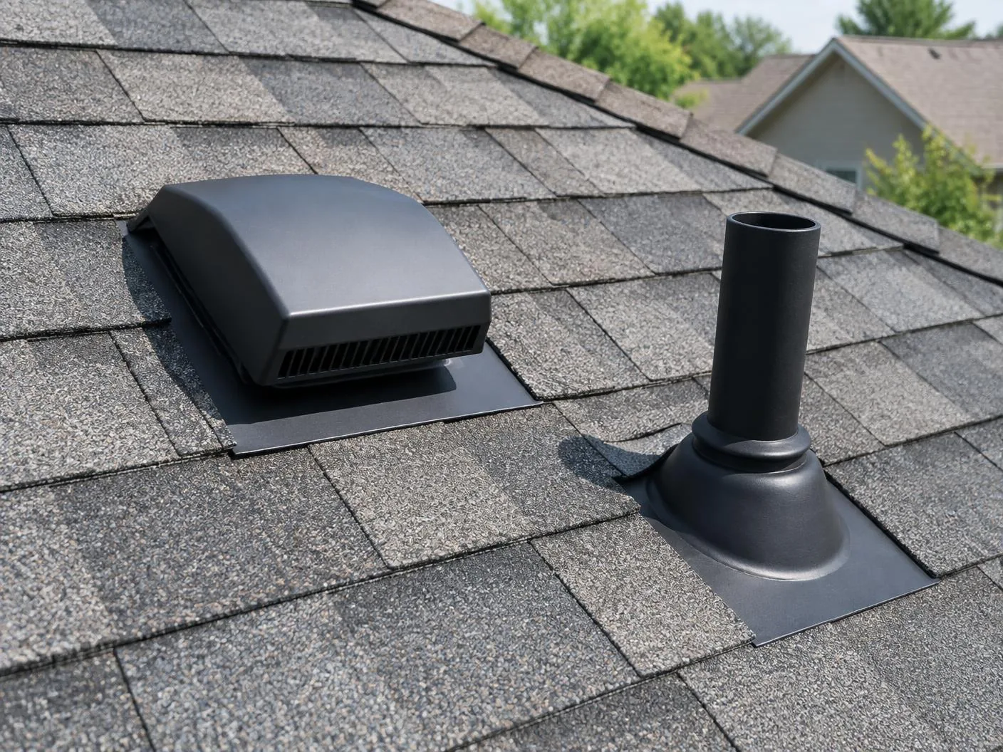 Asphalt shingles around a roof vent and pipe boot flashing detail
