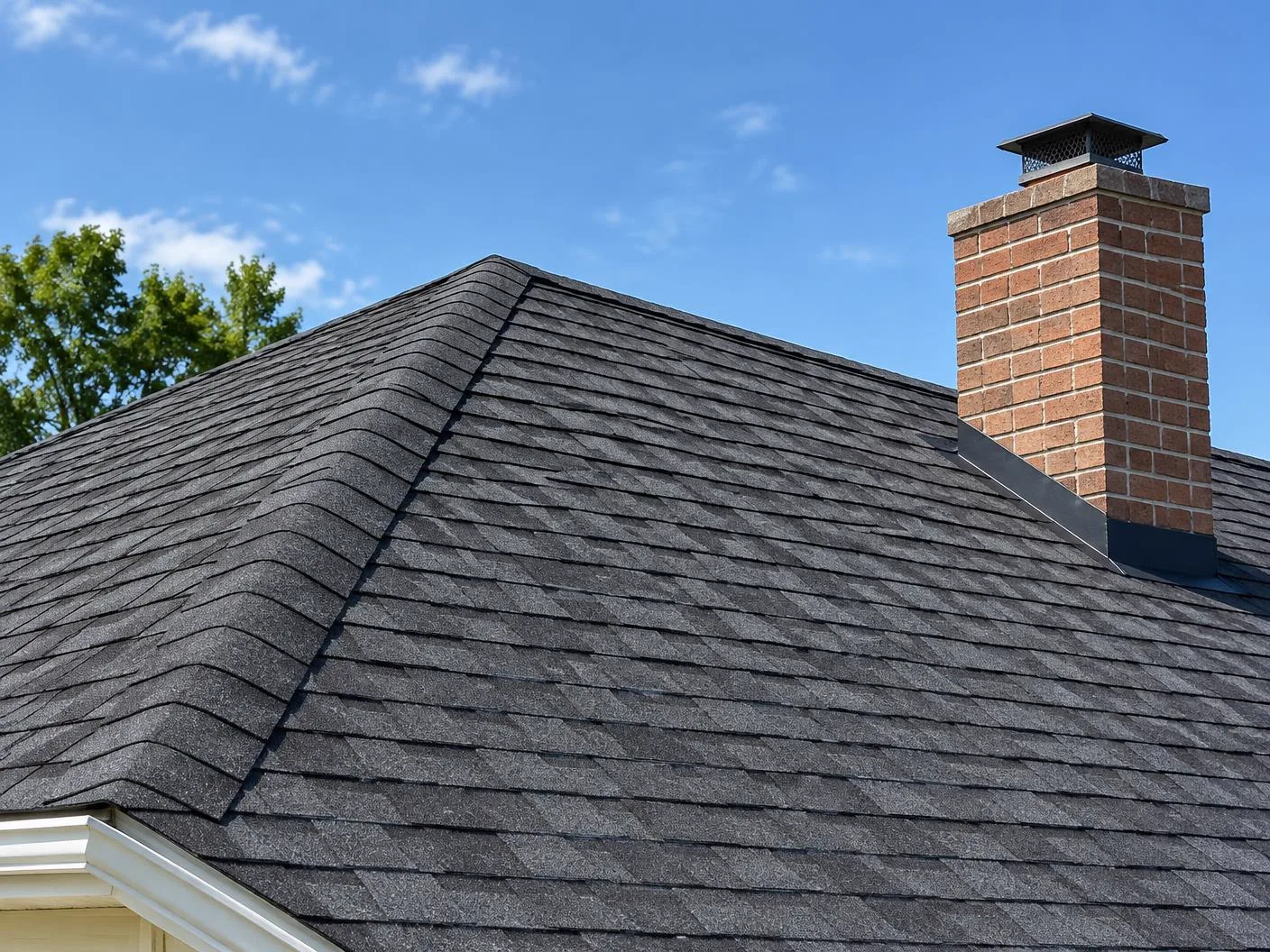 Residential asphalt shingle roof with ridge line and brick chimney