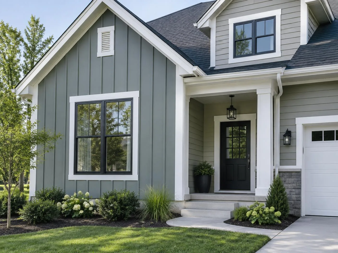 Home exterior with board-and-batten siding, lap siding transition, and white trim