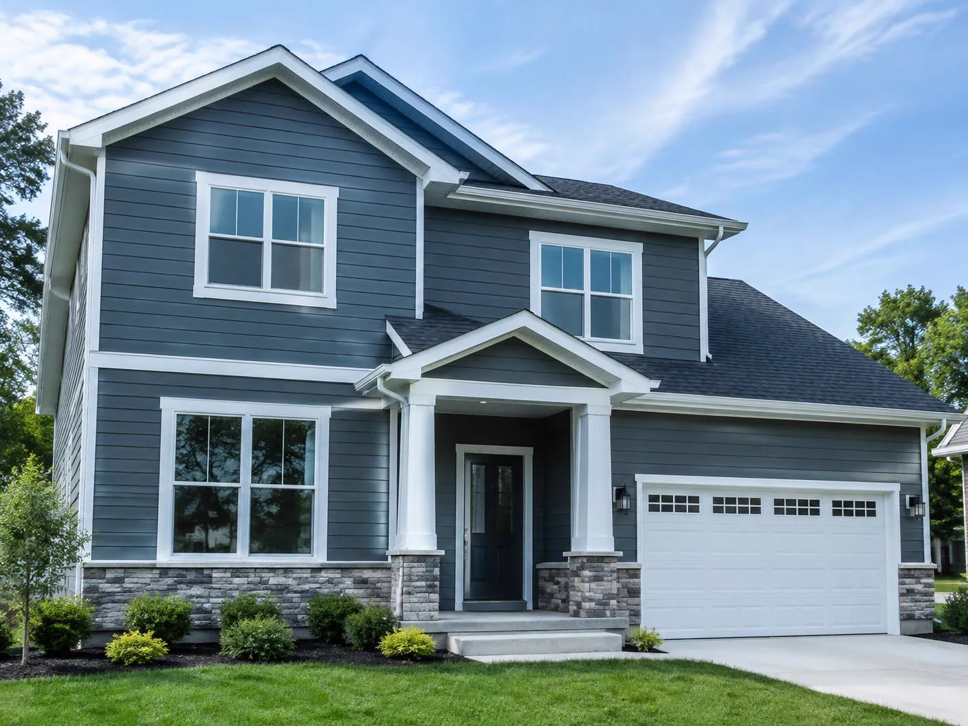 Finished home exterior with blue horizontal lap siding