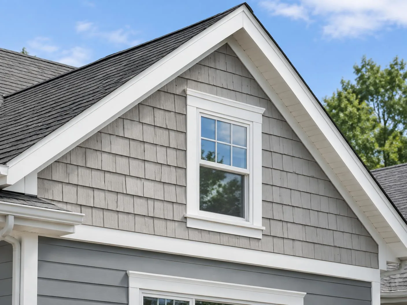 House gable with shake siding detail, white fascia, and trim