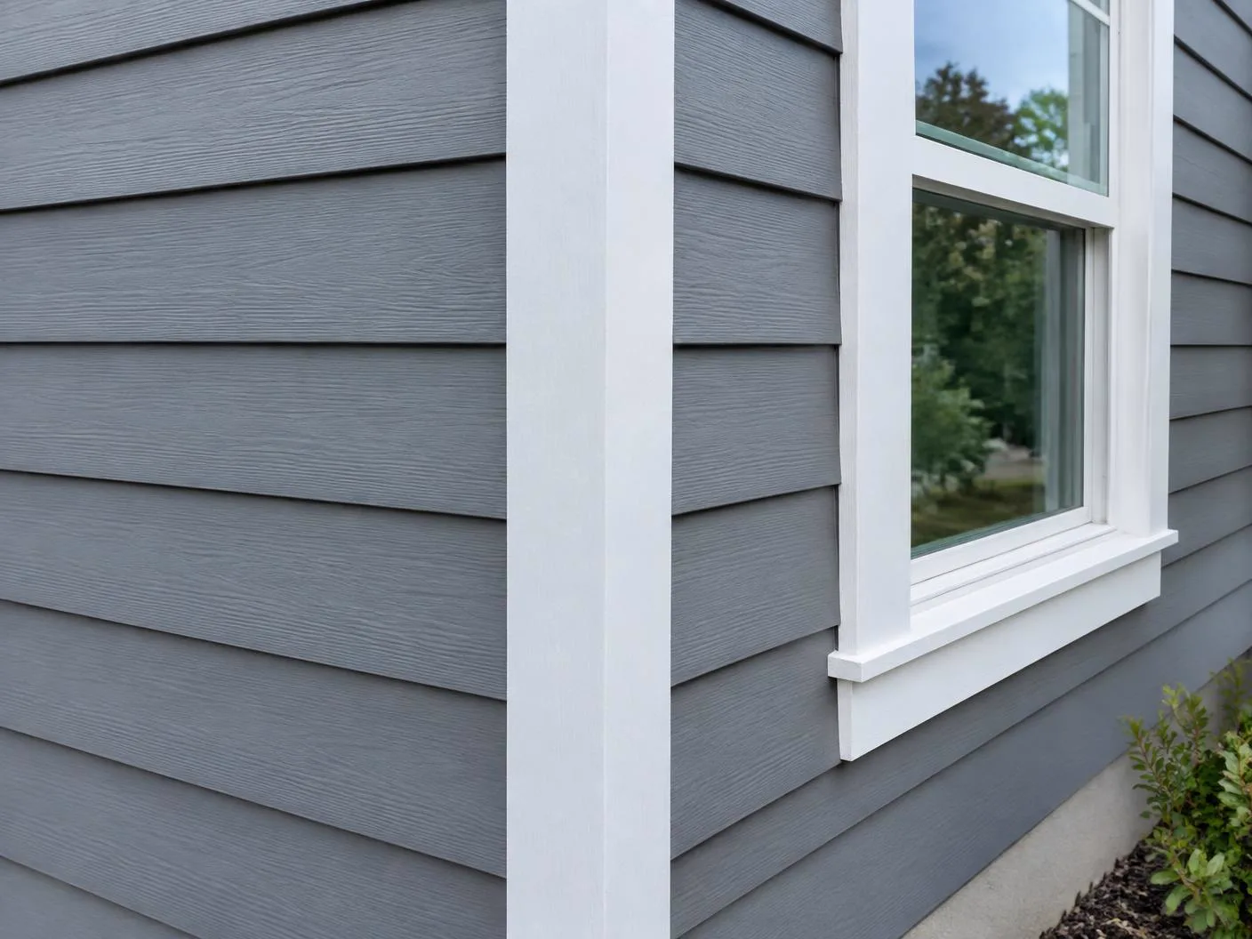 White corner and window trim meeting gray siding