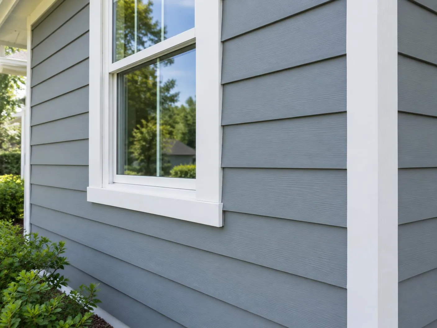 Horizontal lap siding around a window with crisp white trim and corner boards