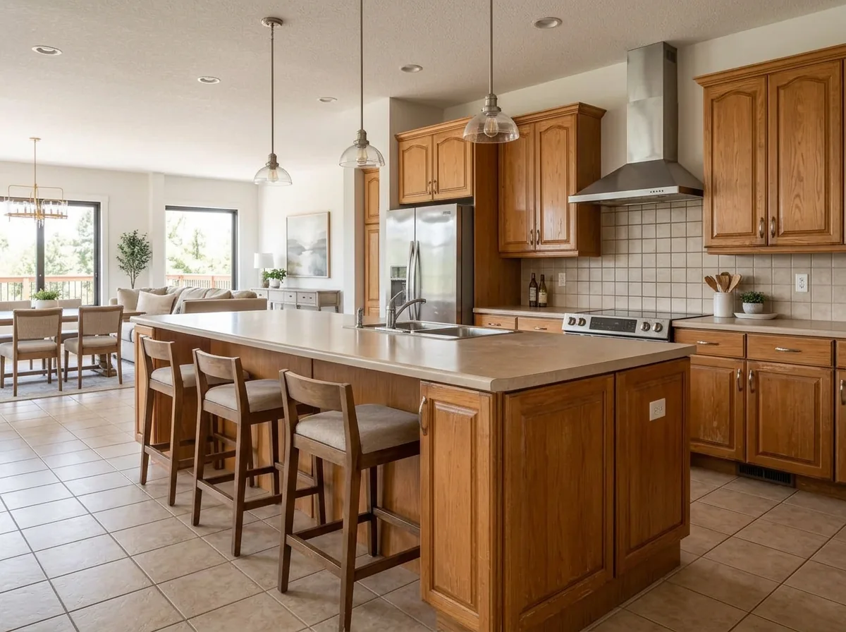 Imagined dated kitchen from the same viewpoint as the Waterfall Stone Island concept
