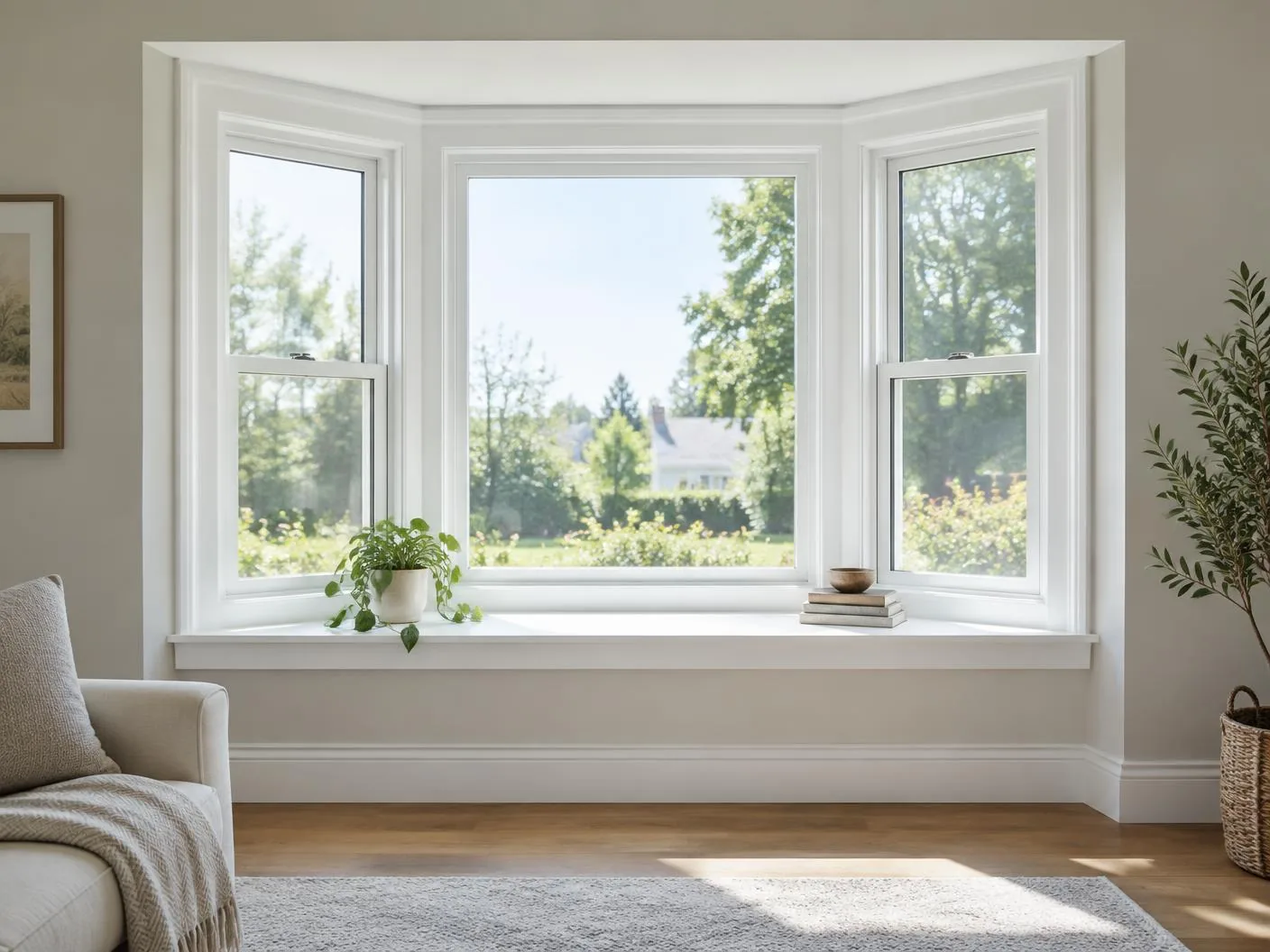 Interior bay window with white trim, deep sill, and bright daylight