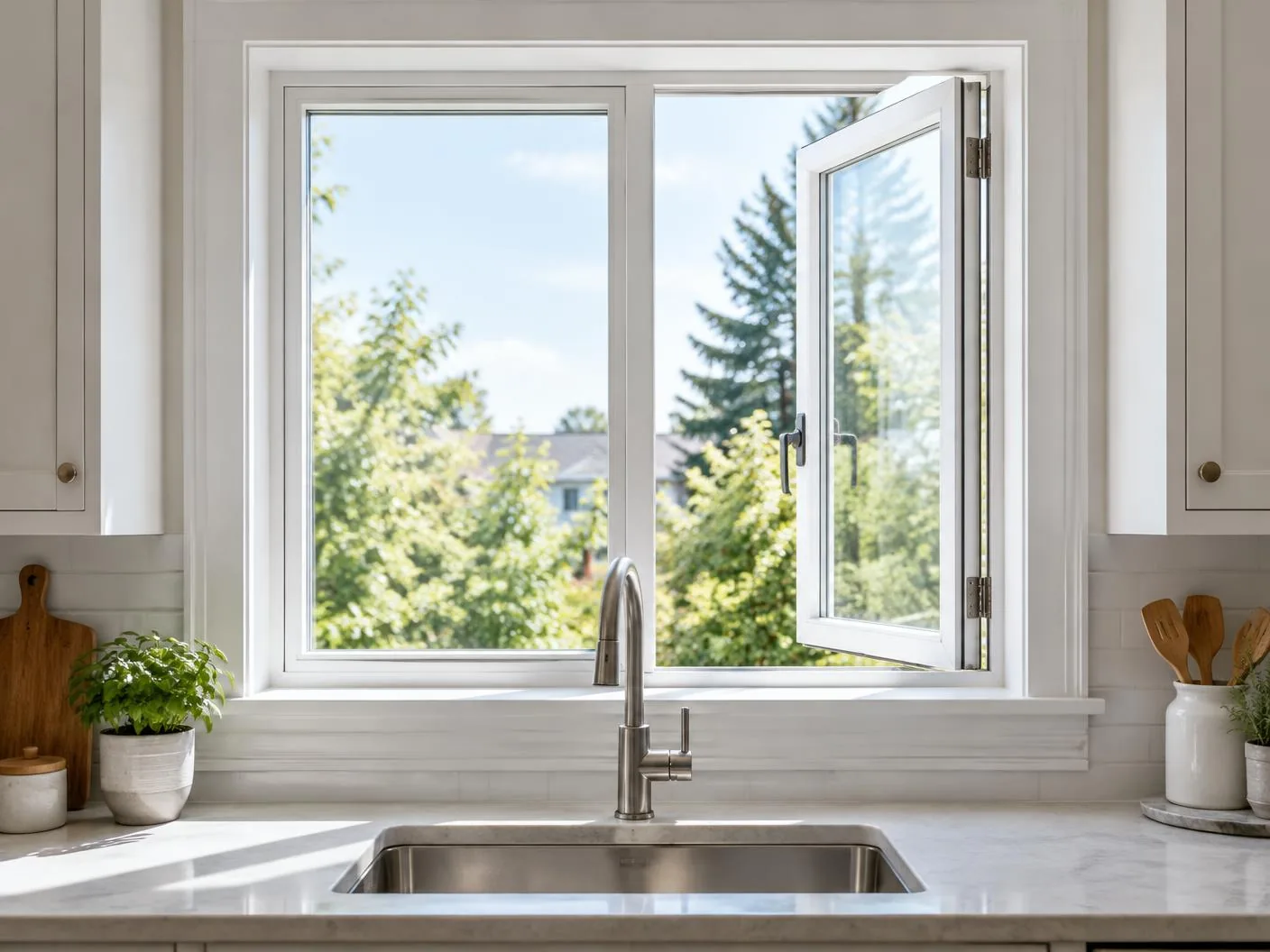 Casement window above a kitchen sink with white trim and daylight