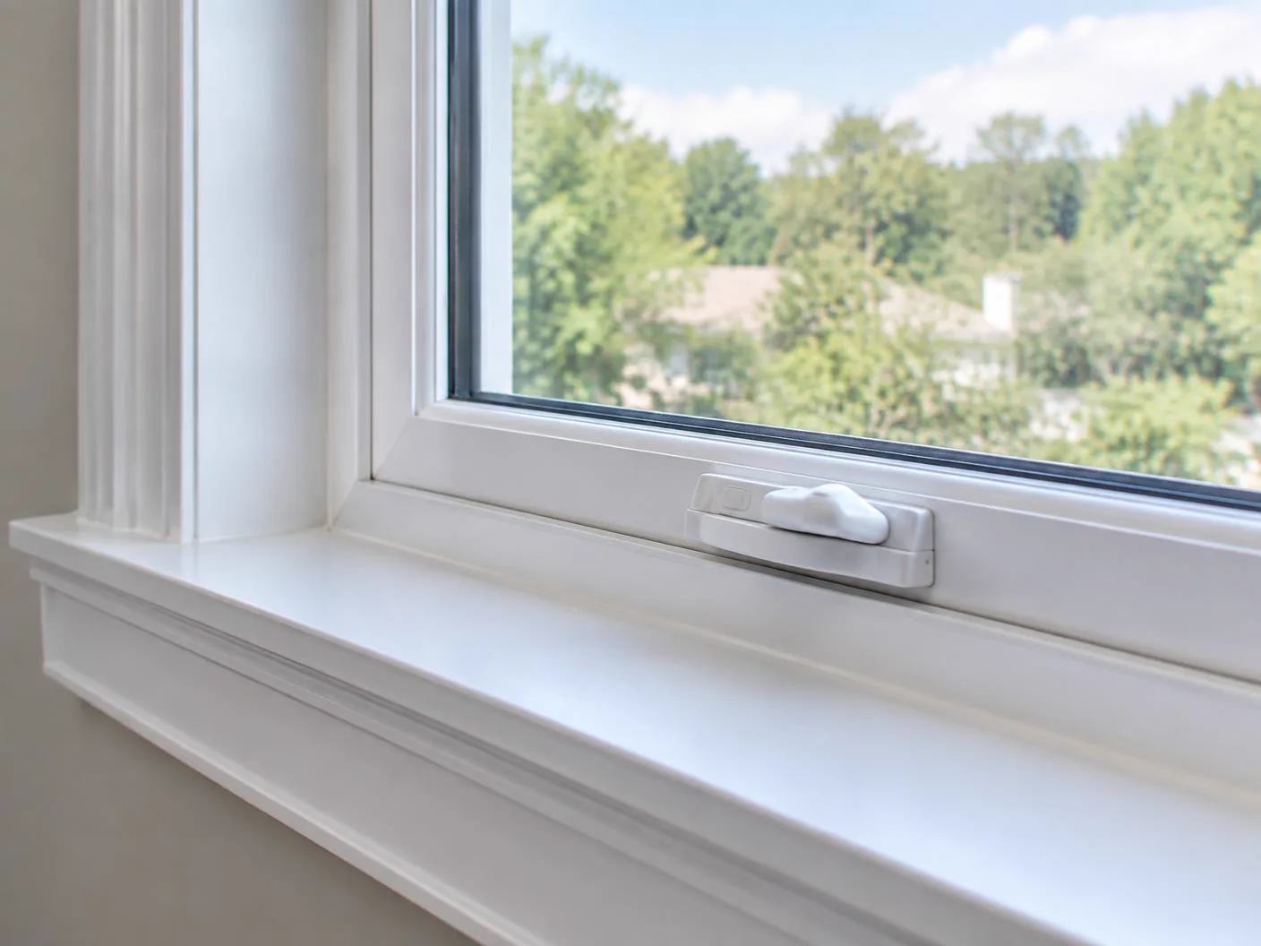 Interior residential window sill, frame and latch detail