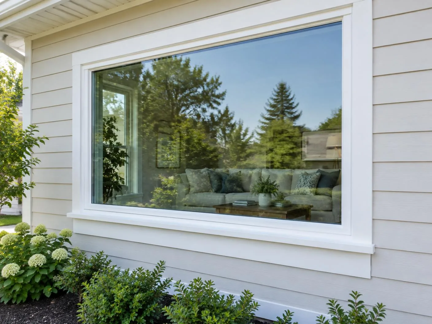 Large picture window with white trim set into light siding