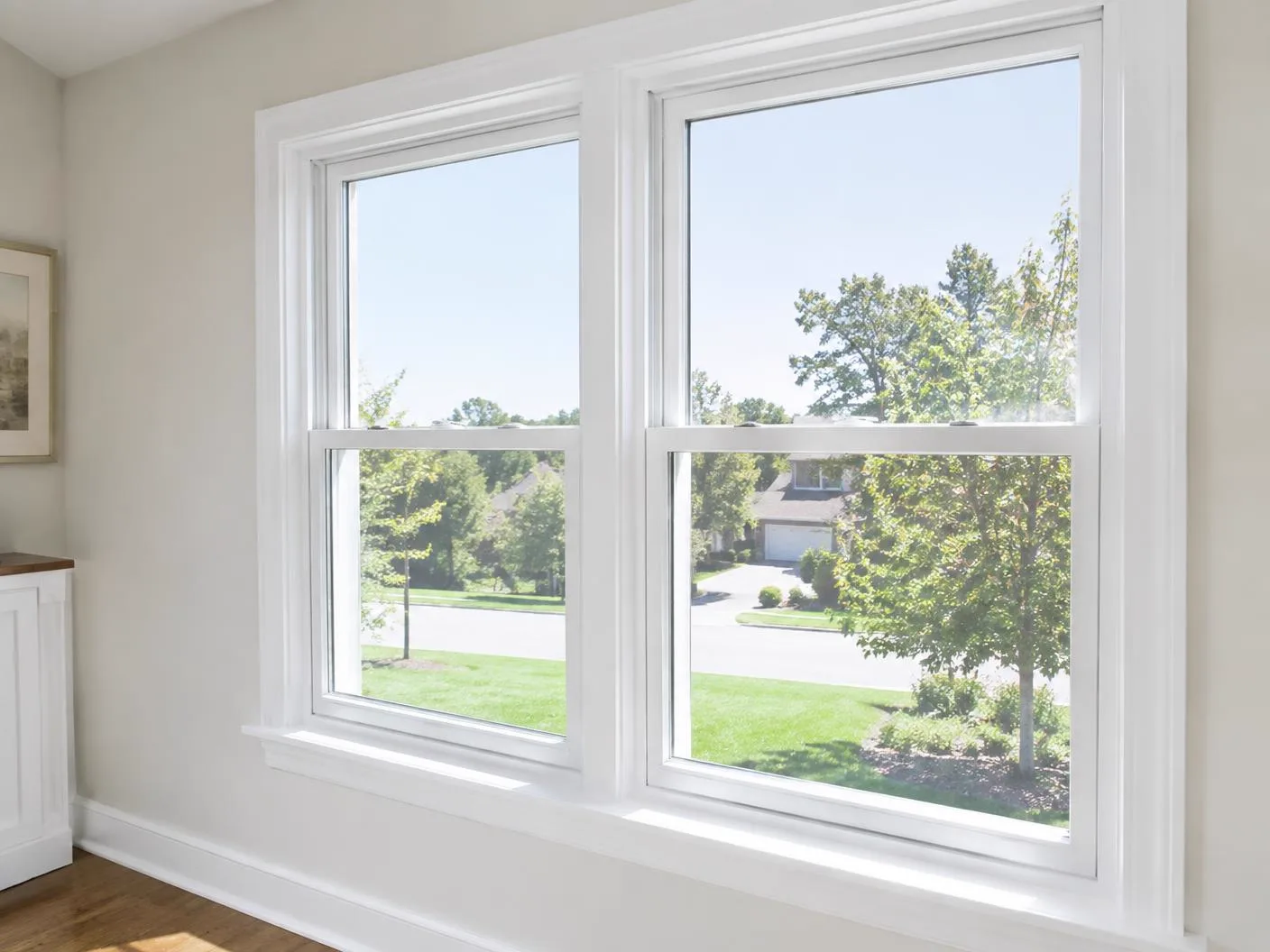 Newly installed double-hung residential windows with white interior trim